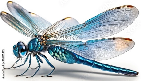 Fototapeta A striking blue dragonfly with shimmering wings perched on a white background. The bright lighting highlights the dragonfly's metallic sheen and intricate wings. white background. generative ai