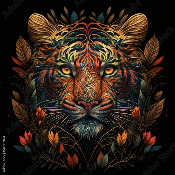 Fototapeta Colorful detailed tiger mandala  art on a black background. Created with Generative AI technology.