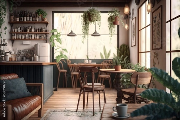 Fototapeta A coffee shop with a large window and a wooden table made with generative AI