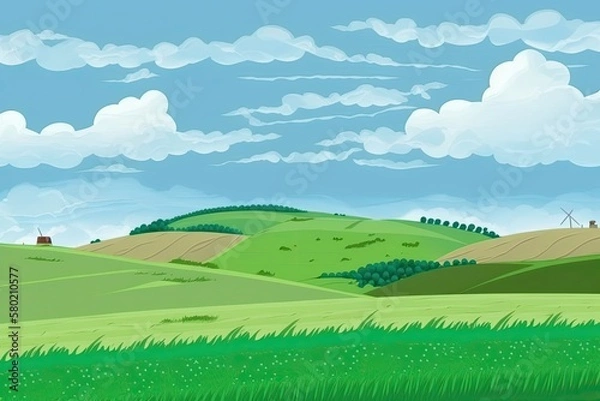 Fototapeta  drawing of a landscape. green meadow field, hill, vegetation, and a cloudy blue sky. Farm landscape in the spring and summer. Background of the countryside for organic cultivation. Generative AI