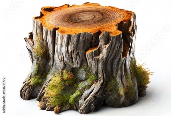 Fototapeta tree stump with moss isolated on white, tree rings, forest scenery, generative AI