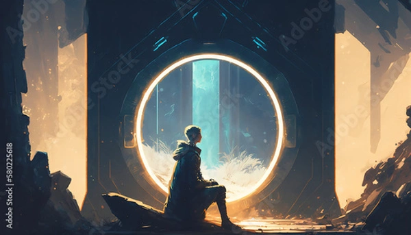 Fototapeta Between Worlds: Mysterious Man in Digital Art Style Illustration Under Futuristic Portal, Generative AI