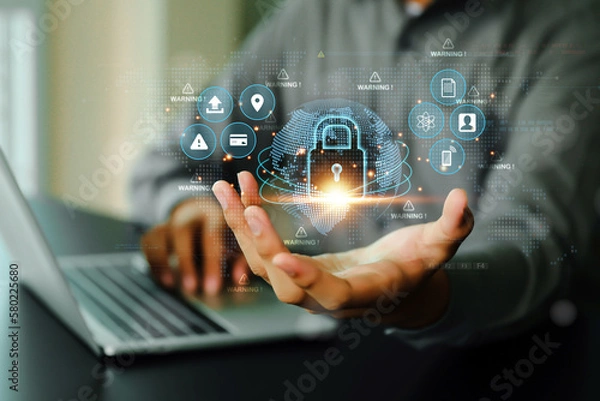 Fototapeta Cyber security or cybercrime attack and threats to the Internet personal information computer network or key lock login to privacy website protection or email access identity concepts.