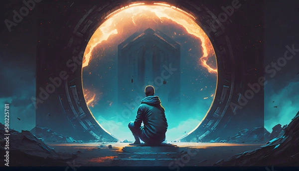 Fototapeta The Enigma: Digital Art Style Illustration of a Man Sitting Under a Futuristic Portal, Generative AI