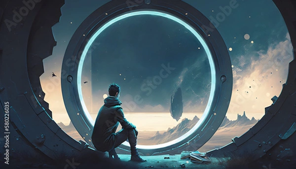 Fototapeta Illustration Painting of a Mysterious Man Under a Futuristic Portal, Generative AI