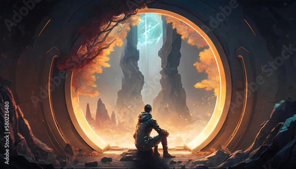 Fototapeta Vector Art of Mysterious Man Sitting Under Futuristic Portal, Generative AI