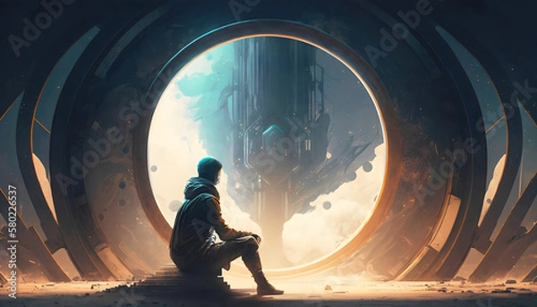 Fototapeta Portal to the Future: Mysterious Man Seated in Digital Art Style Illustration, Generative AI