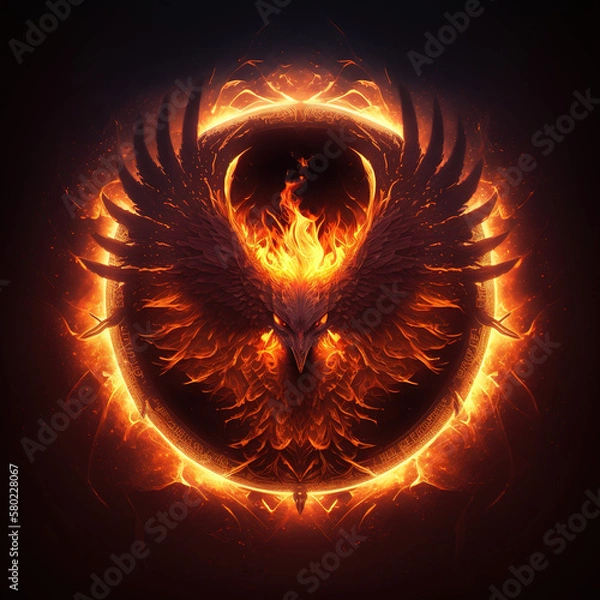 Fototapeta Flaming phoenix bird inside a circle of fire