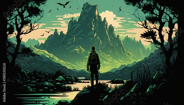 Fototapeta Vector Illustration of a Man in a Mystical Landscape Gazing at the Mountains in the Distance, Generative AI