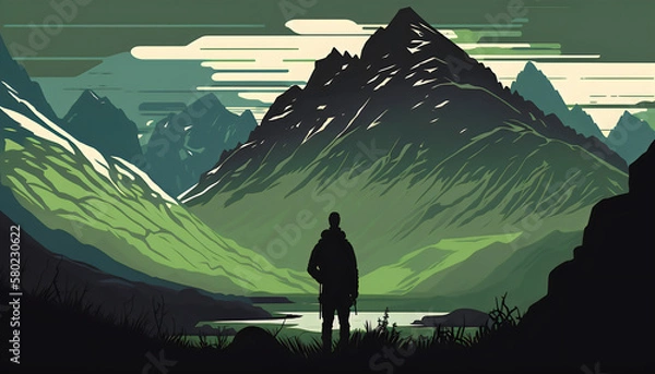 Fototapeta Vector Illustration of a Man in Fantasy Landscape Gazing at the Distant Mountains, Generative AI