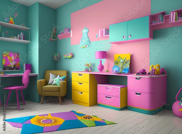 Fototapeta Children's bedroom illustration. Have colorful furniture and wall paint to make it look cheerful. Wall decorations that attract children's attention. Colorful curtain fabric