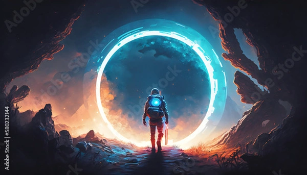 Fototapeta Blue Horizon: Illustration Painting of a Spaceman Walking on a Planet with a Blue Ring Light in Digital Art Style, Generative AI