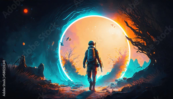 Fototapeta Digital Art Style Illustration of a Spaceman Walking on a Planet with a Glowing Blue Ring Light, Generative AI