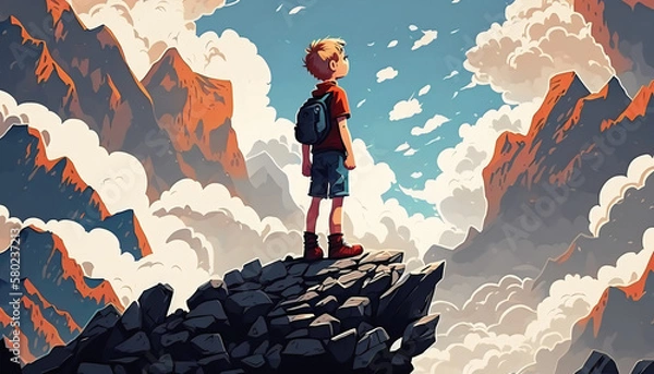 Fototapeta Digital Art Style Illustration of a Young Boy Standing on a Mountain and Looking at the Mysterious Floating Rocks, Generative AI