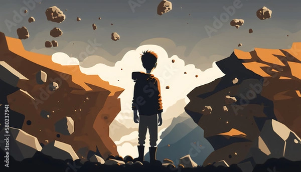 Fototapeta The Dreamer: Vector Art of a Young Boy Standing on a Mountain and Watching Rocks Hover in the Sky, Generative AI
