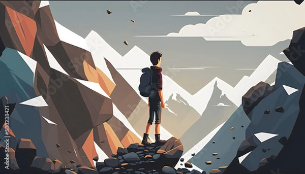 Fototapeta Vector Illustration of a Young Boy on a Mountain Gazing at Rocks Suspended in the Sky, Generative AI
