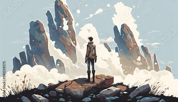 Fototapeta The Explorer: Young Boy Standing on the Mountain and Looking at Floating Rocks in the Sky, Generative AI