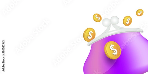 Fototapeta Illustration, the concept of a coin purse,
on a white background. Banner design template. 3d vector drawing.