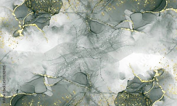 Fototapeta green alcohol ink graceful abstract ink flow art mixed with gold patterns with a translucent background.