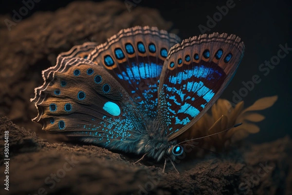 Fototapeta Mystical glowing butterfly in a magical nature. Isolated on blurred background. Stunning animals in nature travel or wildlife photography made with Generative AI