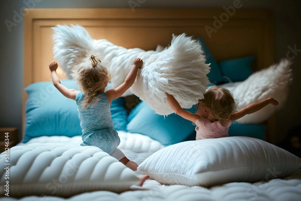 Obraz Cheerful little girls and boys playing with white feathers while lying in bed. A kid in pajama has a positive expression on her face during playing games in the morning. Generative AI