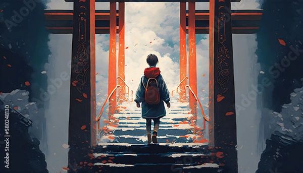 Fototapeta Illustration Painting of a Young Boy Walking Up the Stairs to the Torii Gate in a Mystical Landscape, Generative AI