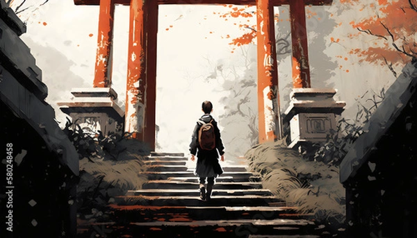 Fototapeta The Wanderer: Vector Illustration of a Young Boy Journeying Up the Stairs to the Torii Gate, Generative AI