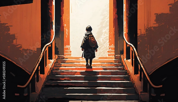 Fototapeta Vector Art of a Young Boy Climbing Up the Stairs to the Torii Gate in a Surreal Environment, Generative AI