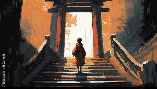 Fototapeta The Explorer: Illustration Painting of a Young Boy Ascending the Stairs to the Torii Gate, Generative AI