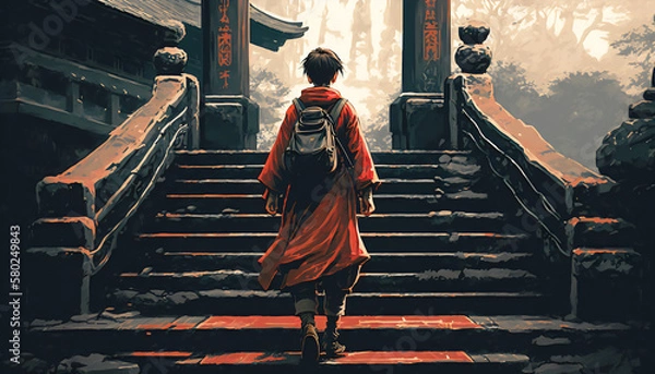 Fototapeta The Adventure: Digital Art Style Illustration of a Young Boy Walking Up the Stairs to the Torii Gate, Generative AI