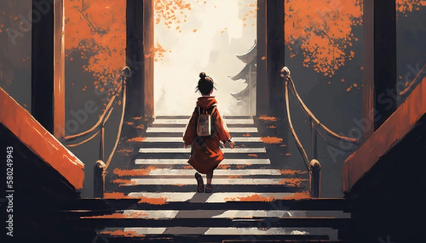 Fototapeta Vector Illustration of a Young Boy Climbing the Stairs to the Torii Gate in a Mystical Setting, Generative AI