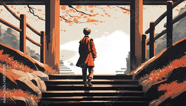 Fototapeta The Journey Begins: Young Boy Walking Up the Stairs to the Torii Gate in Digital Art Style, Generative AI