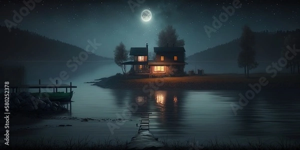 Fototapeta Cozy wooden cabin between the mountains at night by the lake and full moon. Generative AI