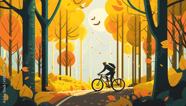 Fototapeta Pedaling through the Woods: Digital Art Style Illustration of a Man Cycling in an Autumn Forest Park, Generative AI