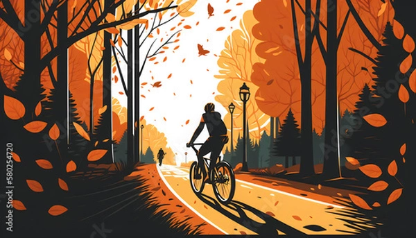 Fototapeta The Joy of Cycling: Vector Illustration of a Man Riding a Bike in the Sunny Morning of an Autumn Forest Park, Generative AI