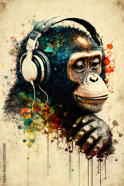 Fototapeta DJ monkey with headphones listening to music. Music graphite poster. Background, wallpaper. Printable artwork. Generative AI.
