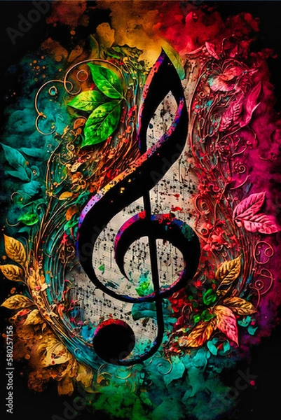 Fototapeta Music graphite poster, treble clef and notes. Background, wallpaper. Printable artwork. Generative AI.