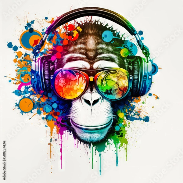 Fototapeta DJ monkey with headphones listening to music. Music graphite poster. Background, wallpaper. Printable artwork. Generative AI.