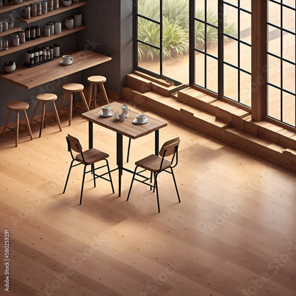 Fototapeta Illustration of a modern coffee shop in the morning. Equipped with modern and simple design furniture and decorations. Has a large window to provide a comfortable view to customers. 
