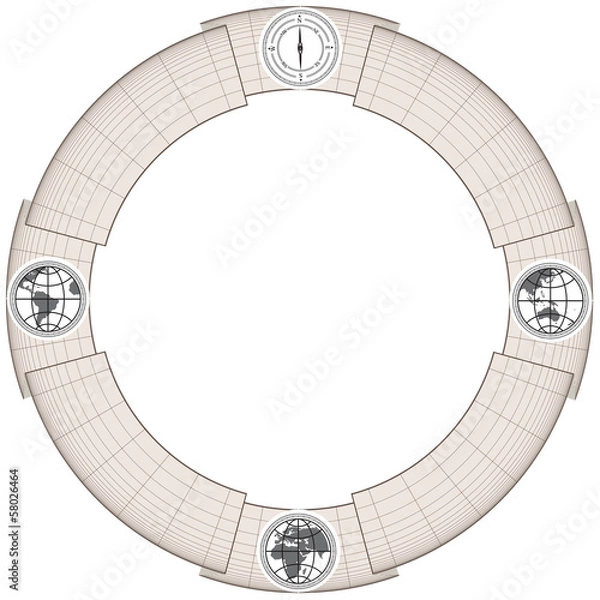Fototapeta Retro antique frame border with globe, map and compass