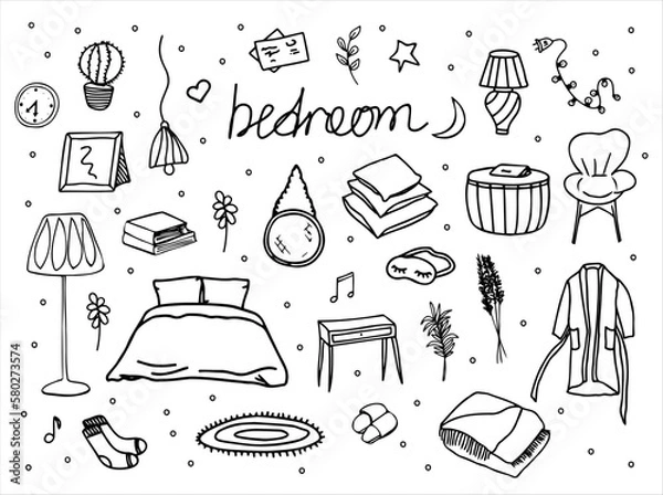 Obraz Bedroom doodle set. Hand-drawn vector elements, icons, template, clipart, sketch.