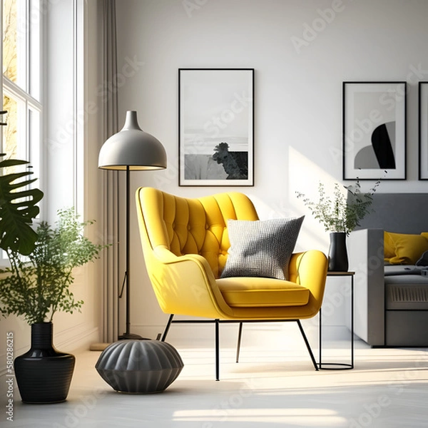 Obraz Cozy modern living room interior with yellow armchair and decoration room on a yellow or white wall background, Generative AI
