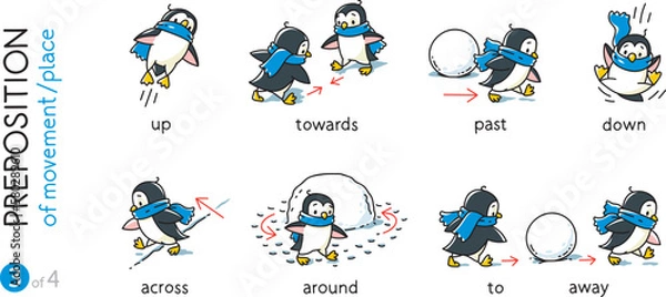 Obraz Preposition of movement Funny penguins cartoon set