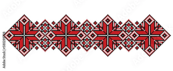 Fototapeta Realistic Cross-Stitch Embroideried Ornate Element. Ethnic Motif, Handmade Stylization. Traditional Ukrainian Red and Black Embroidery. Ethnic Border. Vector 3d Illustration