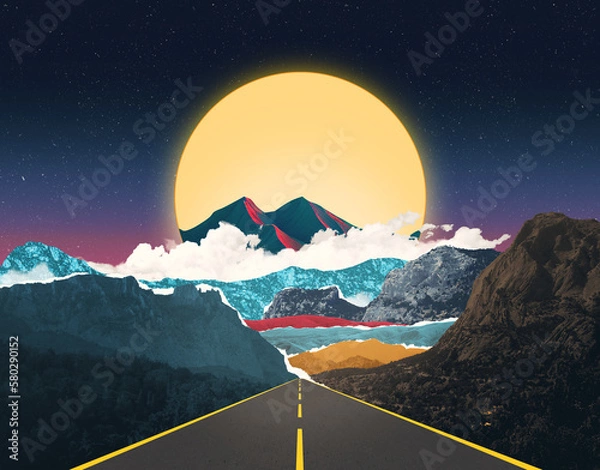 Fototapeta Beautiful surreal zine matte painting landscape Highway road going to horizont Nordic travel, journey, exploring mood illustration Path to unexpected future concept