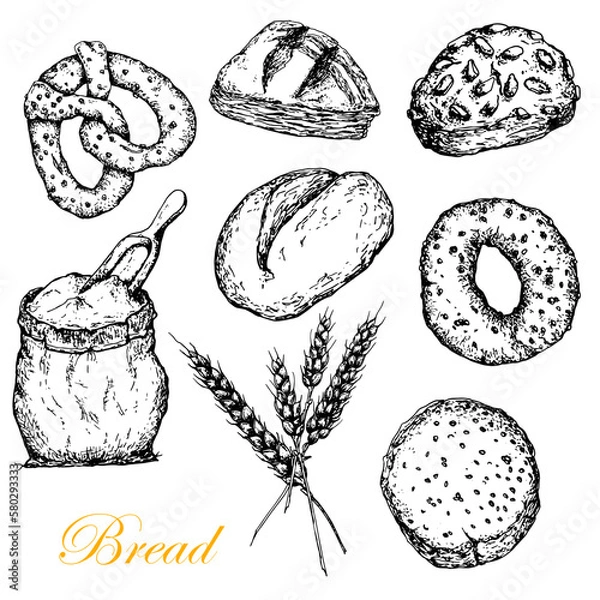 Fototapeta Bread Set. Whole . Cereal buns. Brenzel. Bag of flour. Bread ears.Vector hand drawn illustration in graphic style. Black and white sketch. Isolated on white .Design for packaging, labels 