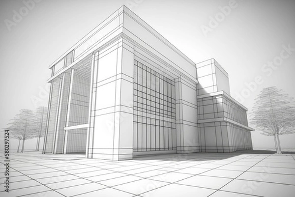 Fototapeta Modern Office Building Wireframe in Perspective. Generative AI