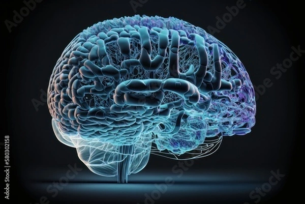 Obraz Luminous fluorescent brain hologram, digital mindset, technological, future oriented, anatomical vision created with generative ai technology. Generative ai