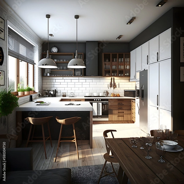 Obraz Modern interior kitchen design natural light AI generated