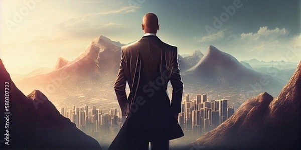 Fototapeta Successful man looking down on city, generative ai